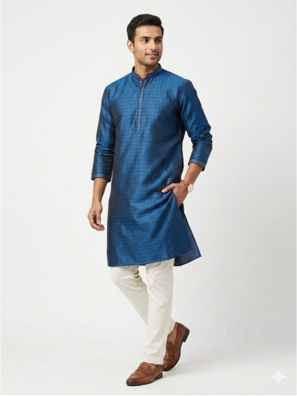 NWT Ethnos Blue Textured Geometric Festive Kurta Men's Size 44 / 110cm /XXL